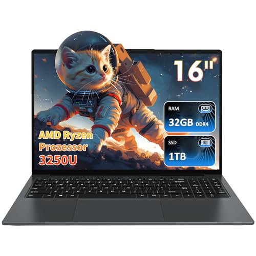 Auusda Laptop 16 Zoll,AMD Ryzen 3 3250U Prozessor(Bis zu 3.5GHz),32 GB DDR4 RAM 1TB SSD, 16 Zoll Full HD Display with Kameraverschluss,USBx3,HDMI,Micro SD Card Slot,USB Typ C,Student/Business Notebook von Auusda