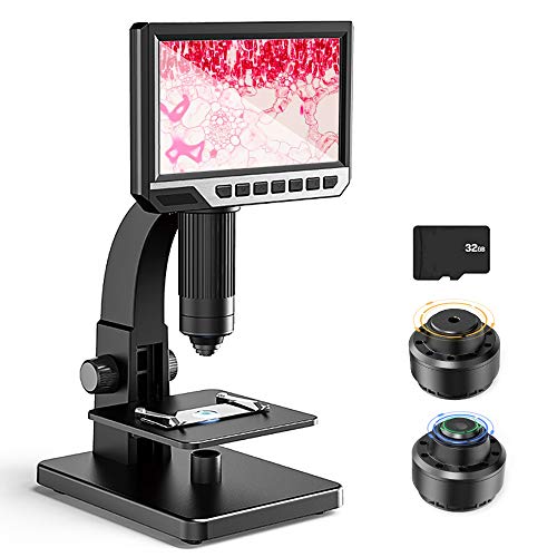 Digitales Mikroskop mit LCD-Display 7 Zoll (17.8 cm) Doppelobjektiv, 500 – 2000 X Kamera mit 12 MP und 32 G TF-Kamera mit 11 LEDs, tragbar, für Wissenschaft und Biologie, Schule und Suche von Auveach