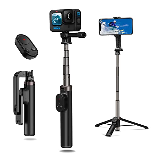 AuyKoo Kabellose Bluetooth-Fernbedienung Selfie Stick Pole Stativ Kompatibel mit GoPro Hero 12 11 10 9 8 Black GoPro Max mit Handy iPhone 13 12 Pro von AuyKoo