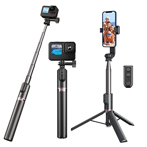 AuyKoo Selfie Stick Stativ für GoPro mit Kabelloser Bluetooth Fernbedienung, Ausziehbarer Vlog Pole Stick Einbeinstativ mit Telefonhalter kompatibel mit GoPro Hero 12 11 10 9 8 Black Max iPhone von AuyKoo