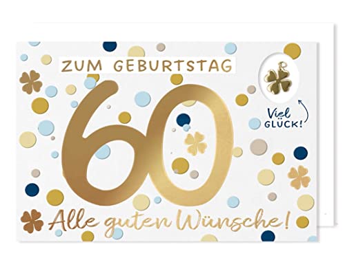 60 Geburtstag Grußkarte Karte Glücksbringer Metall Anhänger Kleeblatt Punkte 16x11cm von AvanCarte