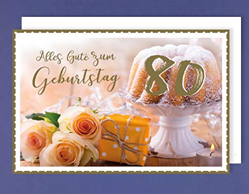 80 Geburtstag Karte Grußkarte Blumen Kuchen Golddruck 16x11cm von AvanCarte