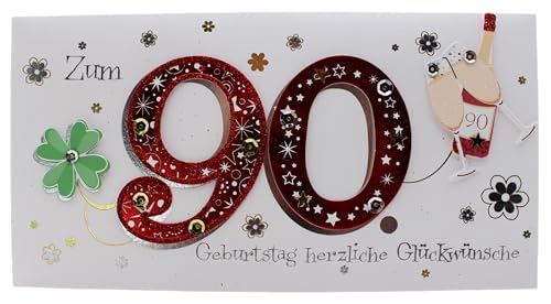 AvanCarte Geburtstagskarte 90 Jahre Frau Glückwunschkarte mit Applikation + Umschlag für Damen von AvanCarte
