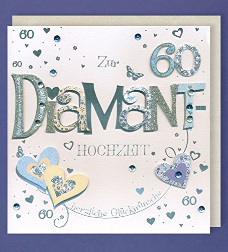 Diamanthochzeit Grußkarte 60 Handmade Applikation Herzen Silber Glitzer 21x21cm von AvanCarte