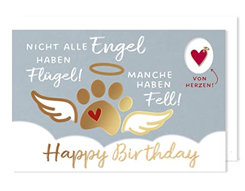Geburtstag Grußkarte Karte Glücksbringer Metall Anhänger Herz Tierpfote mit Flügel Tierfreunde Happy Birthday 16x11cm von AvanCarte