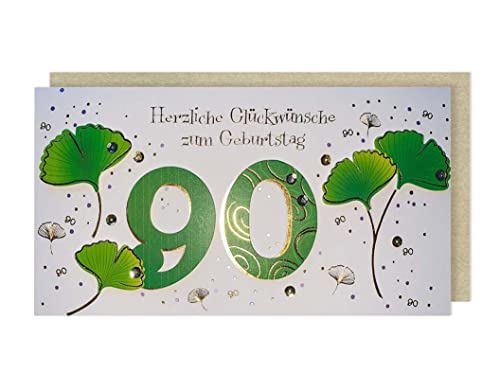 Grußkarte 90 Geburtstag Karte Applikationen AvanMore Ginkoblätter 22x11cm von AvanCarte