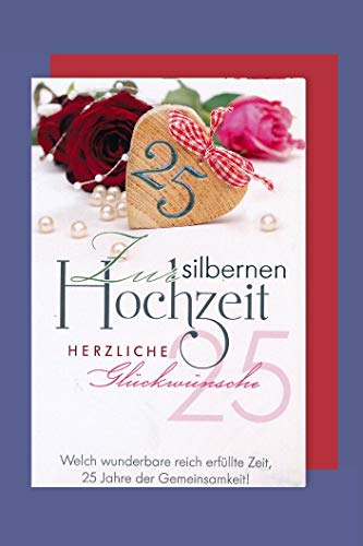 Silberhochzeit 25 Hochzeitstag Karte Grußkarte Holzherz Schleife 16x11cm Plus 4 Sticker von AvanCarte
