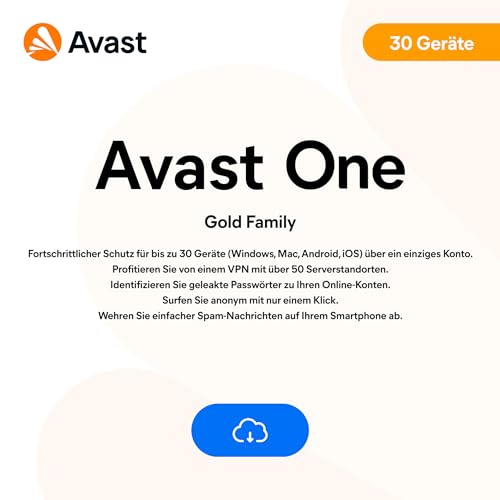 Avast One Gold Family 2024 - Virenschutz, VPN, Datenleck-Überwachung, Gerätebereinigung und mehr | 30 Gerät | 1 Jahr | PC/Mac | Aktivierungscode per Email von Avast