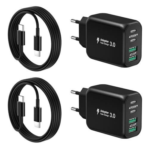 [2 Pack]USB C Schnellladegerät, 40W 4-Port QC+PD 3.0 Power Adapter, Dual Fast Wall Plug mit 2M USB C zu USB C Kabel für iPhone 15/15 Pro/ 15 Pro Max/15 Plus/14/13/12/11, Samsung Galaxy, Pixel(schwarz) von Avatcen