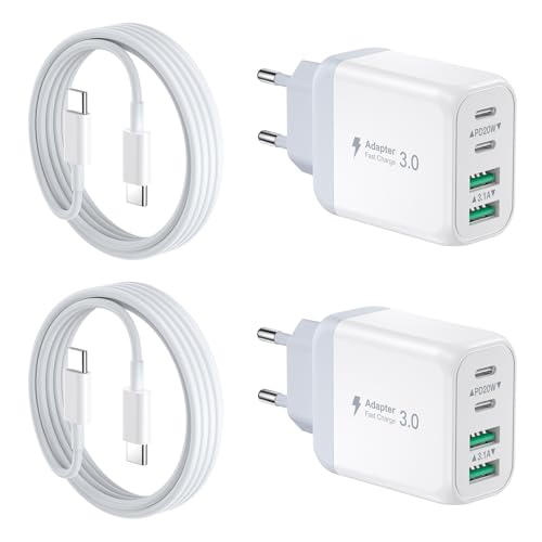 [2 Pack] USB-C Wandladegerät, 40W 4Port QC+PD 3.0 Power Adapter, Dual Fast Wall Plug mit 2M USB C zu USB C Kabel (weiß) von Avatcen