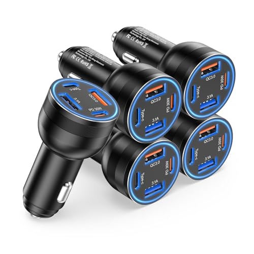 5 Pack Zigarettenanzünder USB C, Ladegerät Zigarettenanzünder 65W 4-Port PD&QC3.0 USB kfz ladegerät Metall USB Adapter 12V Handy Ladegerät Auto für iPhone 16 15 14 13 Pro Max, Samsung S24 S23(Schwarz) von Avatcen