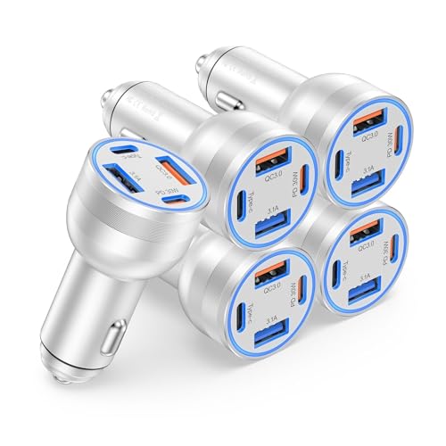 5 Pack Ladegerät Zigarettenanzünder USB C, igarettenanzünder USB 65w 4-Port Auto PD&QC3.0 USB kfz ladegerät Metall USB Adapter 12V Handy Ladegerät Auto für iPhone 16 15 14 Pro Max, Samsung S24(Silber) von Avatcen