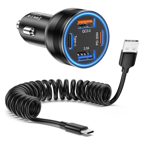 Zigarettenanzünder USB, Avatcen 65W 4 Port USB C Auto Ladegerät, QC & PD3.0 KFZ USB Ladeadapter DC12-24V mit 1.5 M USB C Spiralkabel für iPhone 16 15 14 13 Series, Galaxy S24 S23 S22 Tablet(A-C Cable) von Avatcen