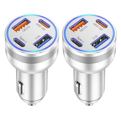 USB C Autoladegerät Schnellladung, 2 Stück, 4 Anschlüsse, 65 W, schnelles USBC KFZ-Ladegerät, Zigarettenanzünder-Adapter, PD&QC3.0 Typ C, KFZ-Ladegerät-Adapter für iPhone 16/15/14/13/12/11/Pro Max, von Avatcen