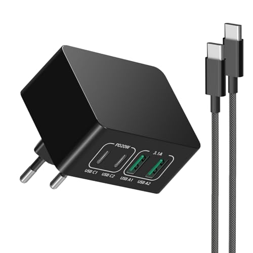 40W USB C Wandladegerät, 4Port QC&PD3.0 Falt USB Ladegerät mit 2M USB C Kabel, Schnellladestecker Multiport Power Adapter Wandstecker Kompatibel mit Handy Samsung, Pixel, Tablets, Smartwatch(Schwarz) von Avatcen