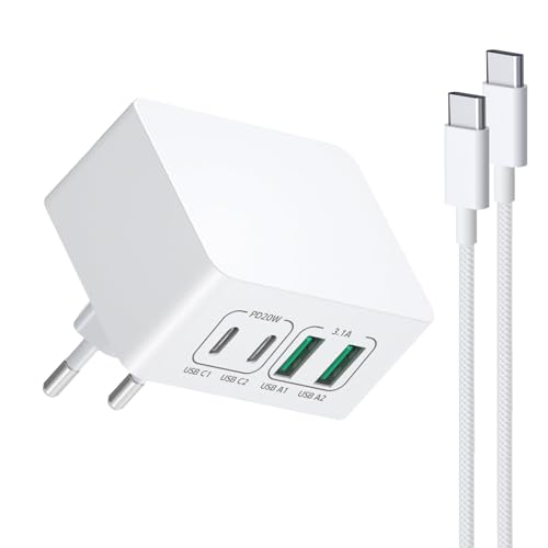 USB C Schnellladegerät Ladegerät, 40W Flaches 4-Port-Schnellladekabel PD Ldegerät Mehrfach und 2M USB-C-auf-USB-C-Kabel Kompatibel mit Mobiltelefon, Samsung, Pixel, Tabletten (Weiß) von Avatcen