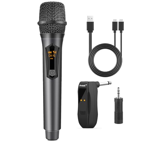 Aveek Funk Mikrofon, Wiederaufladbares Drahtloses Mikrofon mit Empfänger 2,4 GHz Wireless Microphone Dynamisches Funkmikrofon für Karaoke-Gesang, Sprache, Hochzeit, Kirche, Grau, 1 Stück von Aveek