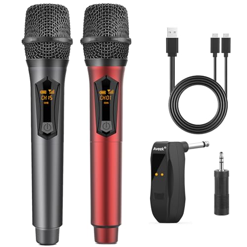 Aveek Funk Mikrofon, Wiederaufladbares Drahtloses Mikrofon mit Empfänger 2,4GHz Wireless Microphone Dual Dynamisches Funkmikrofon für Karaoke-Gesang, Sprache, Hochzeit, Kirche, Grau & Rot, 2 Stück von Aveek