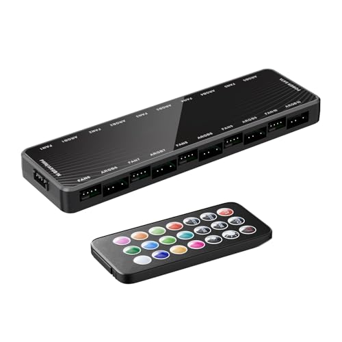 Avejjbaey PC-Gehäuselüfter-Hub-Controller mit Fernbedienung, 10-Port-ARGB- und PWM-Synchronisierung, SATA-Stromschnittstellen Avejjbaey PC-Gehäuselüfter-Hub-Controller mit Fernbedienung, 10-Port-ARGB- und PWM-Synchronisierung, SATA-Stromschnittstellen von Avejjbaey