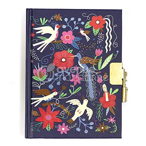 Avenue Mandarine CO205C - Tagebuch, 120 Blatt, liniert, 11x14cm, 1 Stickerbogen, mit Schloss und Lesezeichen, Vögel und Blumen Blau, 1 Stück von Avenue Mandarine