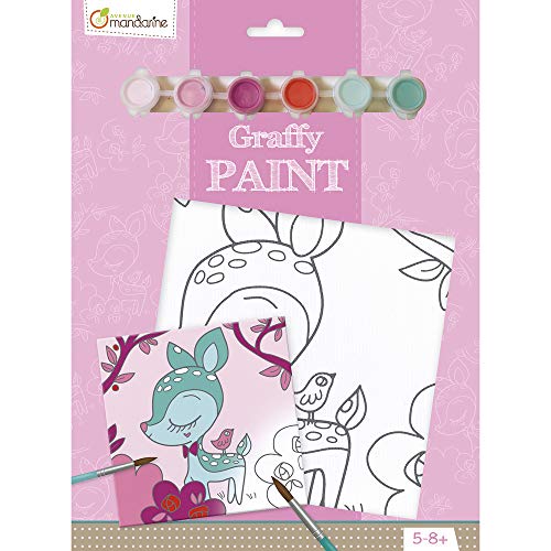 Avenue Mandarine PP013O Ausmalset Graffy Paint, mit 1 vorgezeichnete Leinwand 20 x 20 cm, 6 Farbtuben und 1 Pinsel, ideal für Kinder ab 4-5 Jahren, 1Set, Reh von Avenue Mandarine