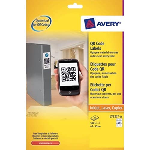 Avery Dennison L7121-25 QR-Code-Etiketten, quadratisch, blickdicht, Weiß, 20 Etiketten pro Blatt, 500 Etiketten 45 x 45 mm von Avery Dennison