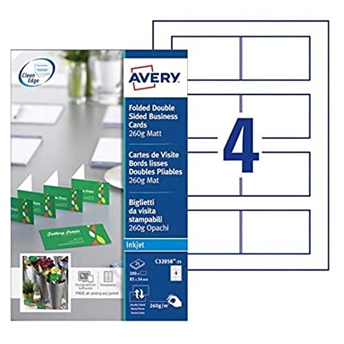 Avery Quick&Clean C32058-25 Faltvisitenkarten, für Tintenstrahldrucker, 260 g/m², 170 x 54 mm, Mattweiß, 100 Karten, 170 x 54 mm von Avery Dennison