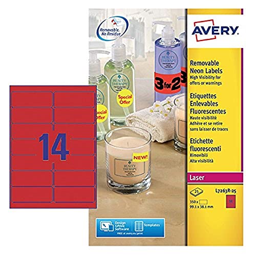 Avery L7263R-25 Neon-Etiketten (für Laserdrucker, 14 pro Blatt, 99,1 x 38,1 mm) 350 Etiketten neonrot Avery L7263R-25 Neon-Etiketten (für Laserdrucker, 14 pro Blatt, 99,1 x 38,1 mm) 350 Etiketten neonrot von Avery Dennsion Zweckform