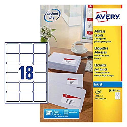 Avery J8161-100 Adressetiketten für Tintenstrahldrucker (schnell trocknend, 18 Stück pro Blatt, 63,5 x 46,6 mm) 1800 Etiketten weiß von Avery Dennsion Zweckform