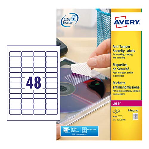 Avery L6113-20 Sicherheitsetiketten zum Versiegeln 48 pro Blatt 45,7 x 21,2 mm 960 Etiketten Avery L6113-20 Sicherheitsetiketten zum Versiegeln 48 pro Blatt 45,7 x 21,2 mm 960 Etiketten von Avery Dennsion Zweckform