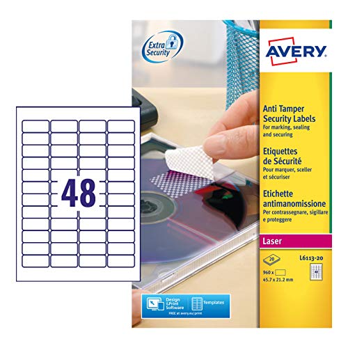 Avery L6113-20 Sicherheitsetiketten zum Versiegeln 48 pro Blatt 45,7 x 21,2 mm 960 Etiketten von Avery Dennsion Zweckform
