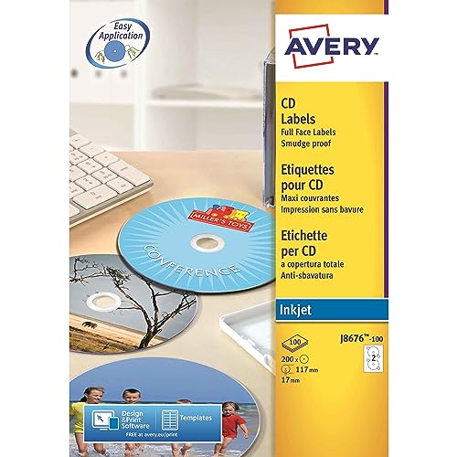 Avery Zweckform, J8676-100, CD-Etiketten, 100 Blatt, SuperSize-Spezialformat, bis 2880 dpi, schnell trocknend, spezielbeschichtet, ø 117 mm Avery Zweckform, J8676-100, CD-Etiketten, 100 Blatt, SuperSize-Spezialformat, bis 2880 dpi, schnell trocknend, spezielbeschichtet, ø 117 mm von Avery Dennsion Zweckform