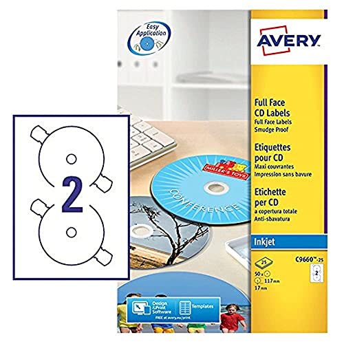 CD -Etikett Avery 117mm Fullizarce White 25 Vel 2 Etiketten pro Blatt von Avery Dennsion Zweckform