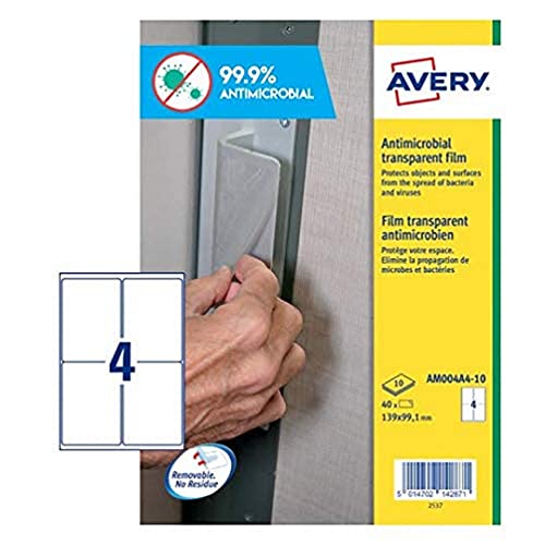 Avery Spanien AM0P4A4 Etiketten, antibakteriell, transparent, 139 x 99,1 mm, 40 Etiketten von Avery España