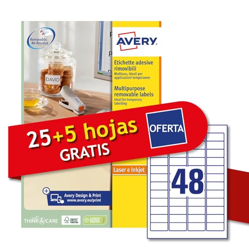 Avery Italia L4736REV-30P Klebeetiketten aus weißem Papier, ablösbar, keine Rückstände, 25+5 extra Blätter, rechteckig 45,7 x 21,2 mm, 48 Etiketten pro Blatt, ablösbarer Aufkleber, Laser-/Inkjet-Druck Avery Italia L4736REV-30P Klebeetiketten aus weißem Papier, ablösbar, keine Rückstände, 25+5 extra Blätter, rechteckig 45,7 x 21,2 mm, 48 Etiketten pro Blatt, ablösbarer Aufkleber, Laser-/Inkjet-Druck von Avery Italia