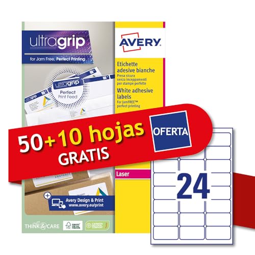Avery Italia L7159-60P Etiketten, weiß, 50 + 10 Blatt, rechteckig, 63,5 x 33,9 mm, 24 Etiketten pro Blatt, permanent haftend, Laserdrucker Avery Italia L7159-60P Etiketten, weiß, 50 + 10 Blatt, rechteckig, 63,5 x 33,9 mm, 24 Etiketten pro Blatt, permanent haftend, Laserdrucker von Avery Italia