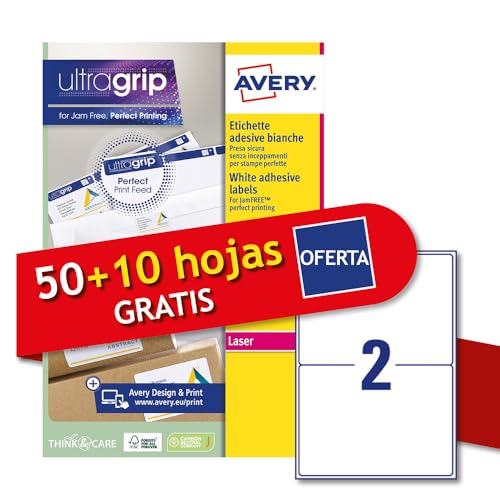 Avery Italia L7168-60P Etiketten, weiß, 50 + 10 extra Blatt, rechteckig, 199,6 x 143,5 mm, 2 Etiketten pro Blatt, permanent haftend, Laserdrucker Avery Italia L7168-60P Etiketten, weiß, 50 + 10 extra Blatt, rechteckig, 199,6 x 143,5 mm, 2 Etiketten pro Blatt, permanent haftend, Laserdrucker von Avery Italia