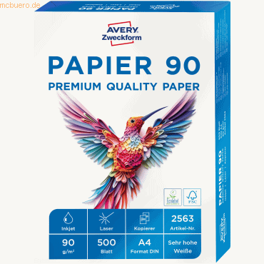 5 x Avery Zweckform Kopierpapier A4 unbeschichtet 90 g/qm 500 Blatt we von Avery Zweckform
