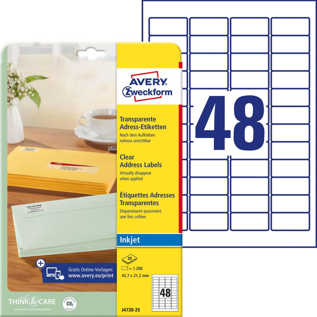 AVERY Zweckform Adress-Etiketten Inkjet Etik.45,7x21,2 Transp. 45,7 x 21,2 mm... von Avery Zweckform