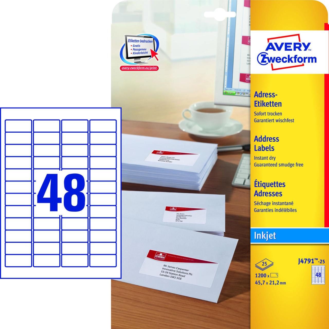 AVERY Zweckform Adressetiketten J4791-25 weiß 45,7 x 21,2 mm AVERY Zweckform Adressetiketten J4791-25 weiß 45,7 x 21,2 mm von Avery Zweckform