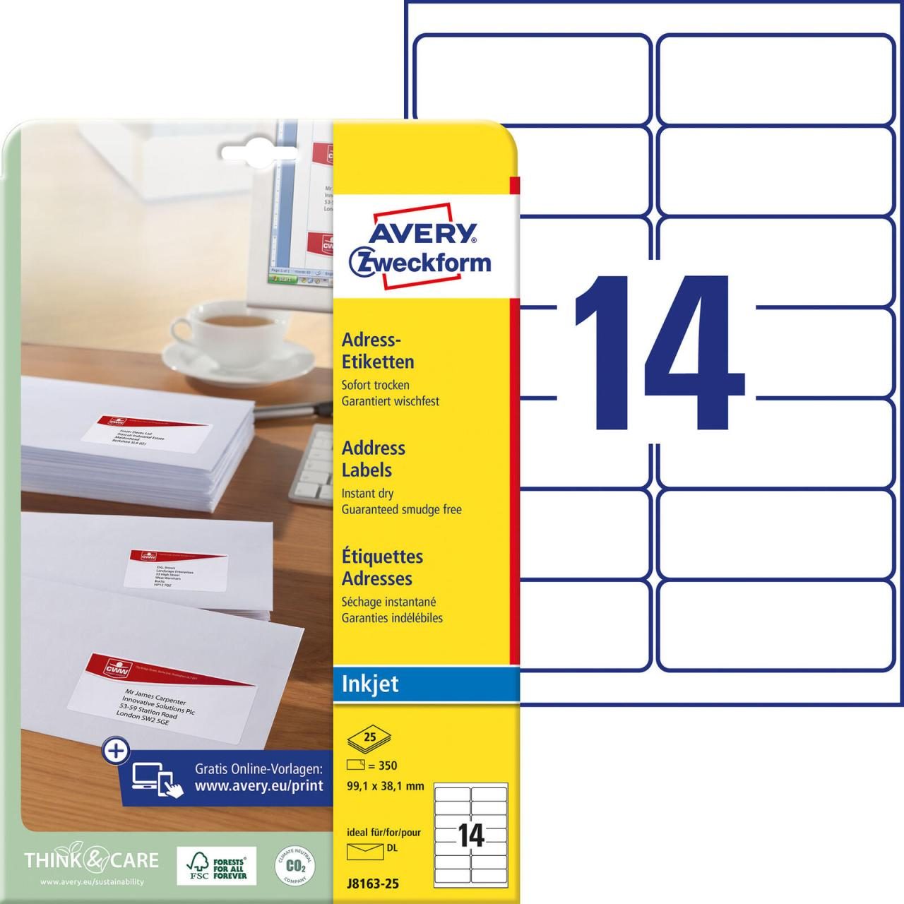 AVERY Zweckform Adress-Etiketten J8163-25 99,1 x 38,1 mm weiß von Avery Zweckform