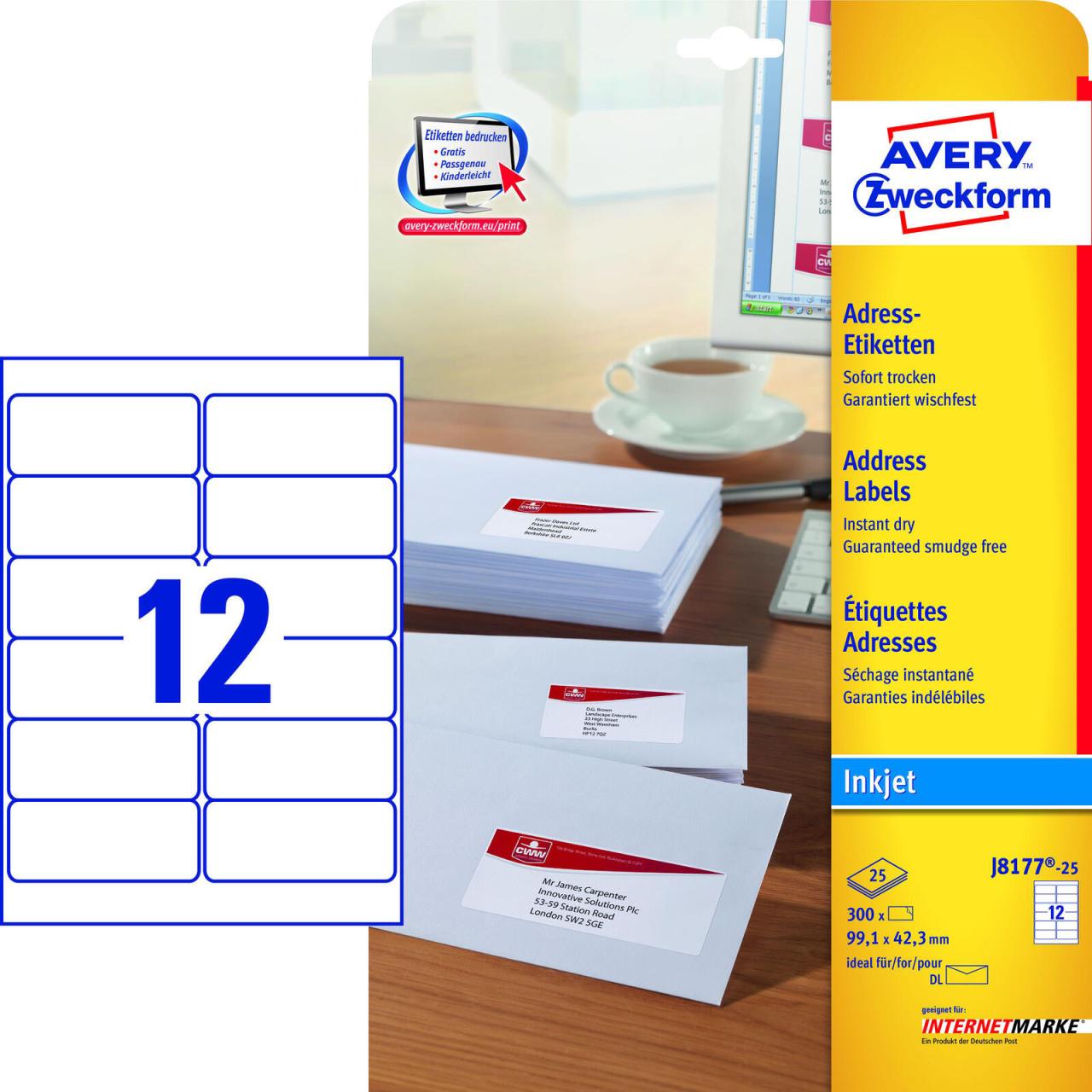 AVERY Zweckform Adressetiketten J8177-25 weiß 99,1 x 42,3 mm AVERY Zweckform Adressetiketten J8177-25 weiß 99,1 x 42,3 mm von Avery Zweckform