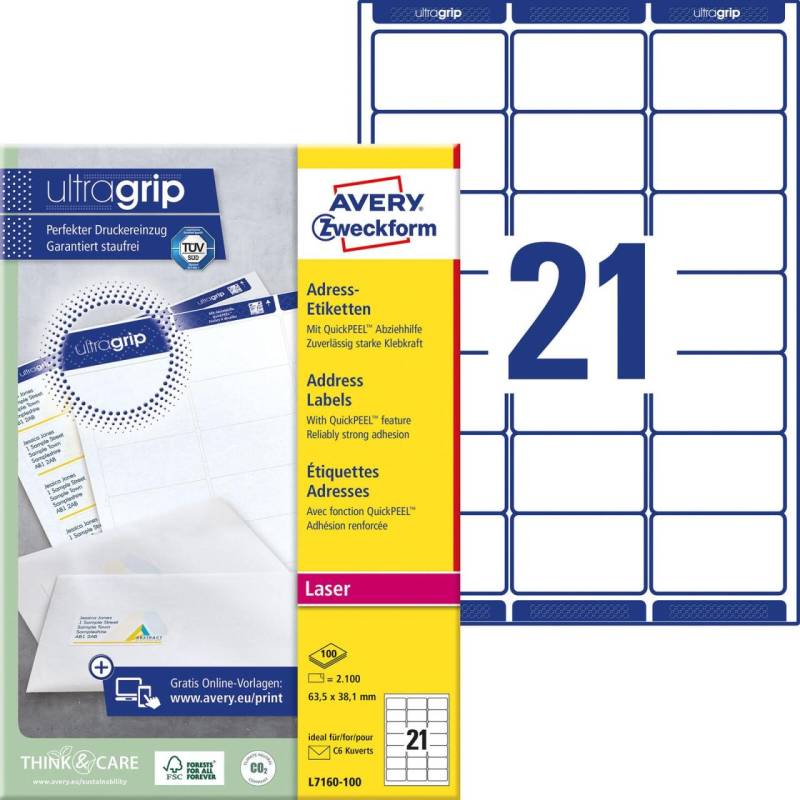 AVERY Zweckform Adressetiketten L7160-100 weiß 63,5 x 38,1 mm von Avery Zweckform
