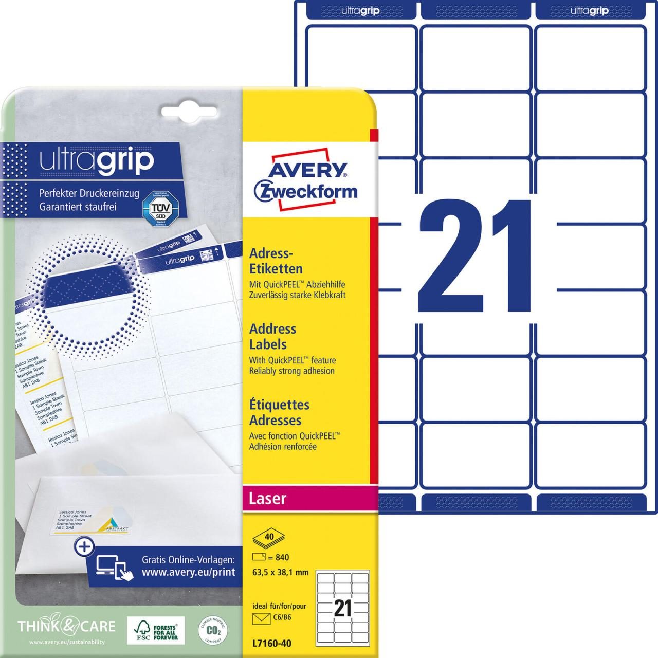 AVERY Zweckform Adressetiketten L7160-40 weiß 63,5 x 38,1 mm AVERY Zweckform Adressetiketten L7160-40 weiß 63,5 x 38,1 mm von Avery Zweckform