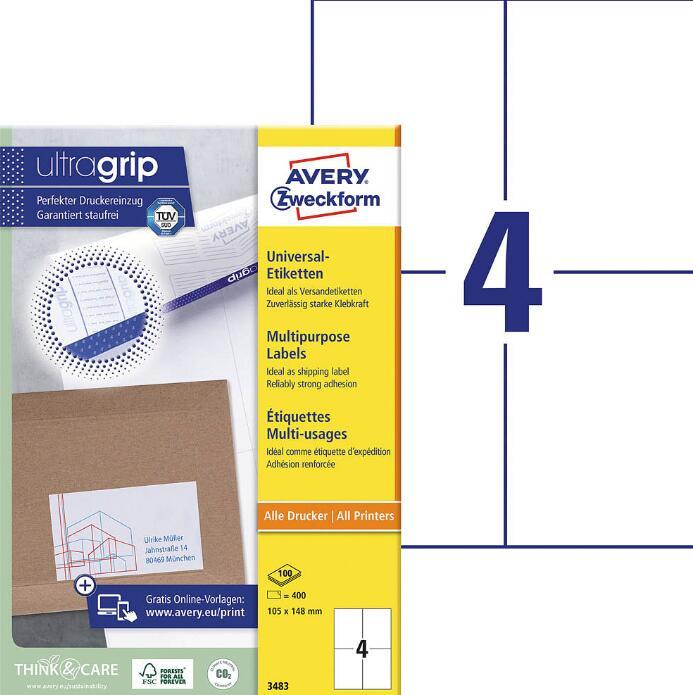 AVERY Zweckform Etiketten 3483 105,0 x 148,0 mm weiß - 400 Stück AVERY Zweckform Etiketten 3483 105,0 x 148,0 mm weiß - 400 Stück von Avery Zweckform