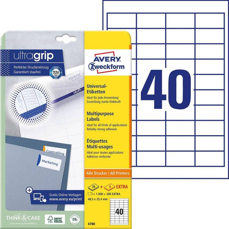 AVERY Zweckform Etiketten 4780 weiß 48,5 x 25,4 mm - 1.200 Stück von Avery Zweckform