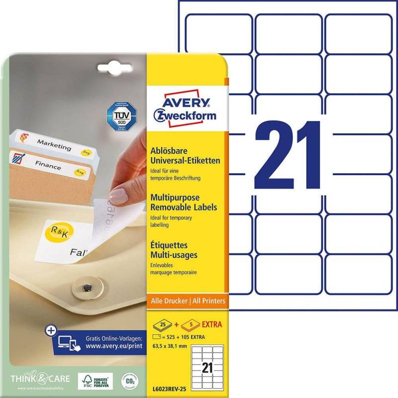 AVERY Zweckform Etiketten L6023REV-25 weiß 63,5 x 38,1 mm - 630 Stück von Avery Zweckform