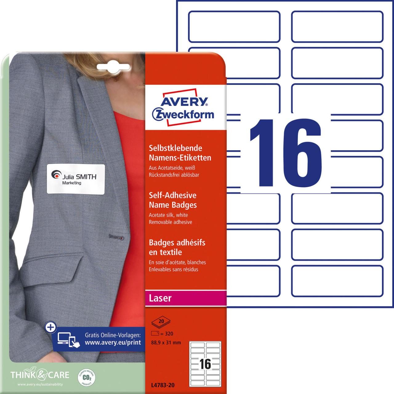 AVERY Zweckform Namensetiketten L4783-20 weiß 88,9 x 31,0 mm von Avery Zweckform
