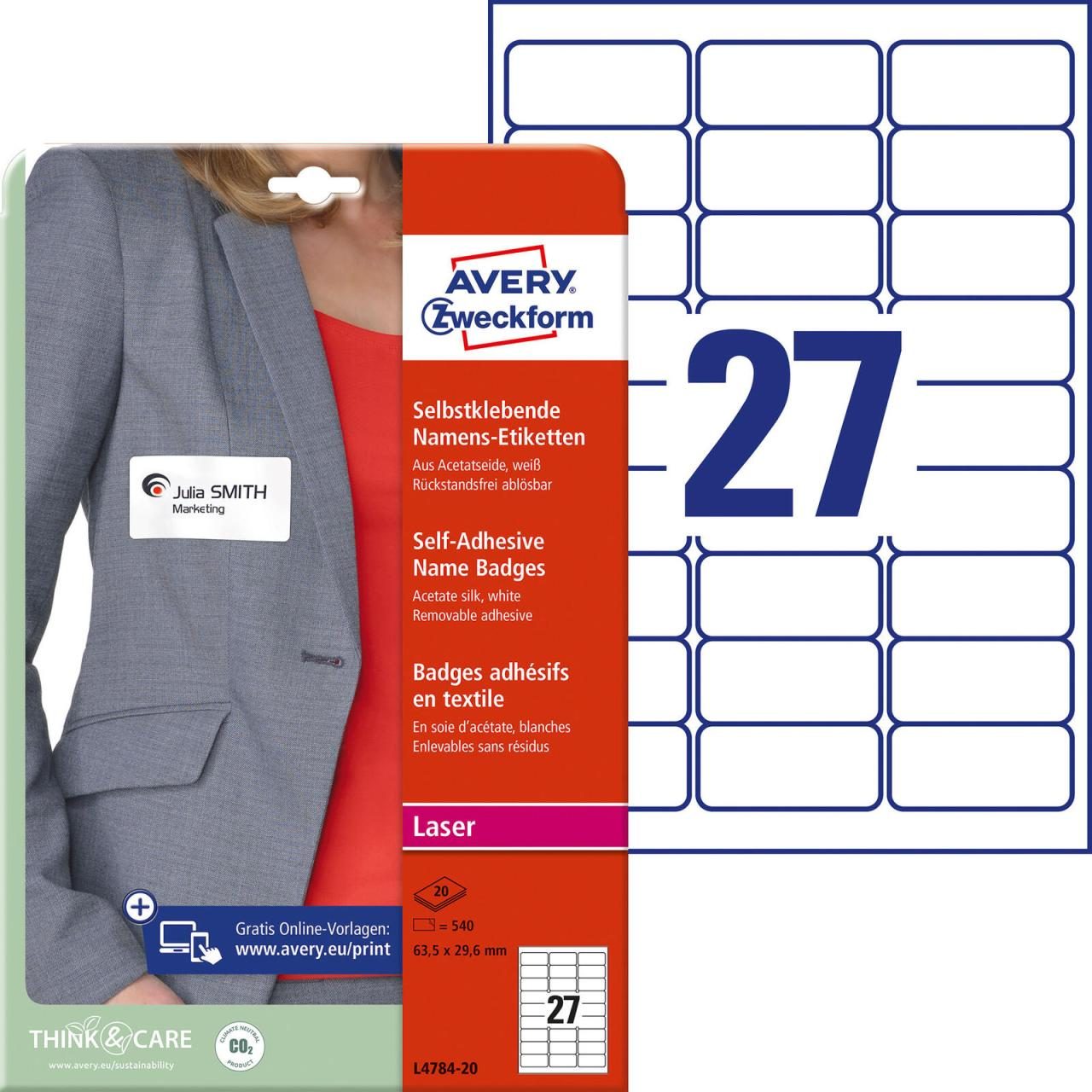 AVERY Zweckform Namensetiketten L4784-20 weiß 63,5 x 29,6 mm von Avery Zweckform