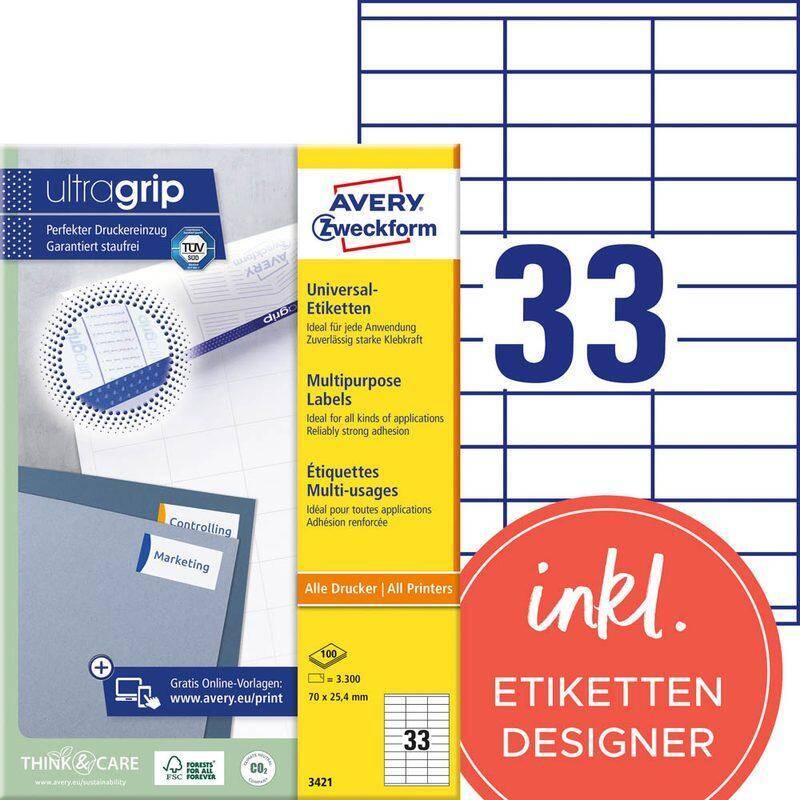 AVERY Zweckform Etiketten 3421 weiß 70,0 x 25,4 mm von Avery Zweckform